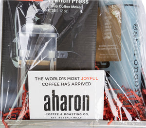 Aharon Coffee Gift set includes a Bodum 12 oz. Mini French Press and the Aharon Travel Tumbler.