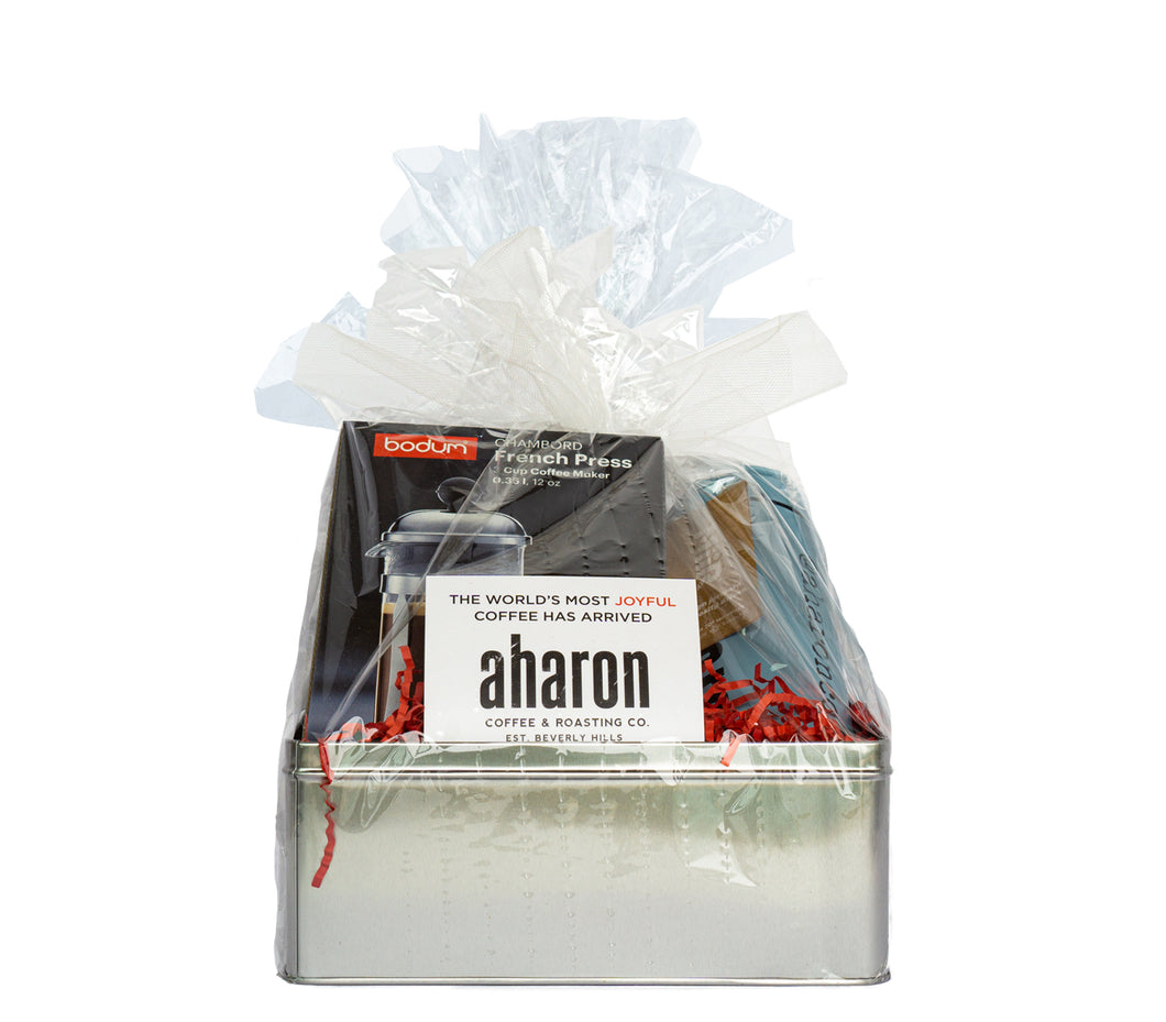 Aharon Coffee Gift set includes a Bodum 12 oz. Mini French Press and the Aharon Travel Tumbler.