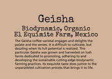 Load image into Gallery viewer, The Geisha coffee varietal engages and delights the palate and the senses. It is difficult to cultivate, but dazzling when its full potential is realized. This particular Geisha was grown and harvested on lush farms dedicated to promoting, adhering to and developing the sustainable cutting-edge biodynamic farming practices. Its exquisite taste does justice to the unparalleled cultivation process that brings it to life.
