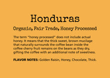 Load image into Gallery viewer, Honduras Organic Fair Trade Honey Processed. FLAVOR NOTES: Golden Raisin, Honey, Chocolate, Thick

